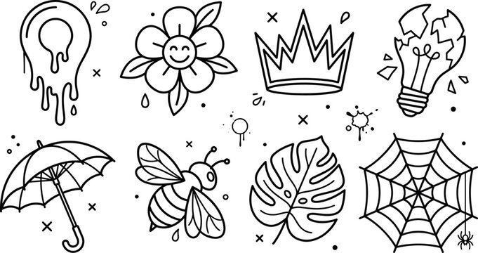 Trendy doodle tattoo vector elements set featuring broken lightbulb crown smiley flower bee spiderweb monstera leaf and umbrella