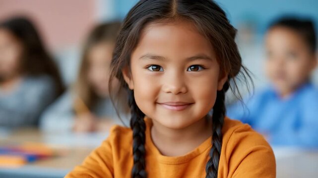 Young girl smiling with braids in classroom setting