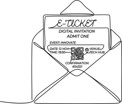 Continuous line drawing of an open envelope containing a digital eticket invitation.