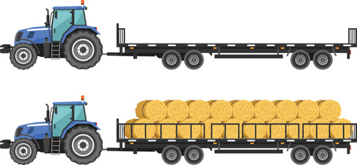 Blue Farm Tractor with Flatbed Trailer Empty and Loaded with Hay Bales Vector Illustration SetBlue Farm Tractor with Flatbed Trailer Empty and Loaded with Hay Bales Vector Illustration Set © MDMAZADUR
