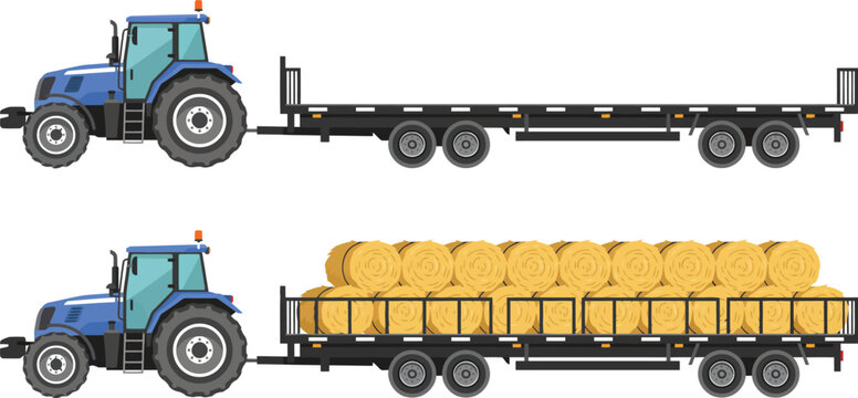 Blue Farm Tractor with Flatbed Trailer Empty and Loaded with Hay Bales Vector Illustration SetBlue Farm Tractor with Flatbed Trailer Empty and Loaded with Hay Bales Vector Illustration Set