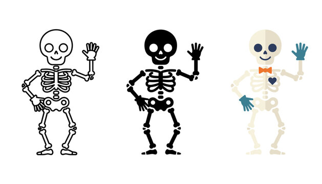 Set of cartoon skeletons, vector illustration of funny skeletons in different styles