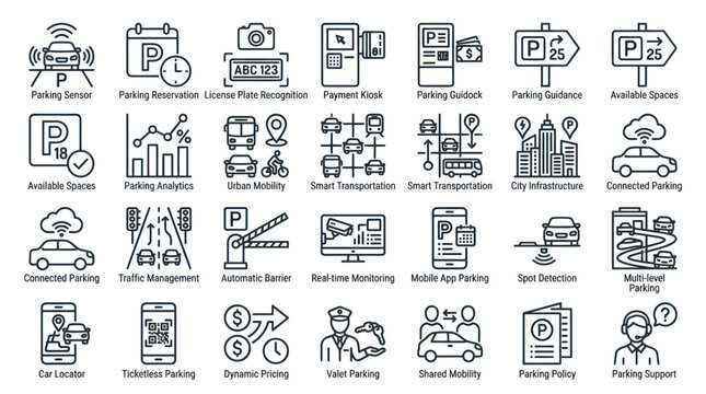 Smart parking and urban mobility system icon set.