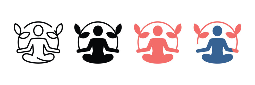 Yoga meditation icons set, zen person in lotus pose with leaves, wellness and mindfulness symbols for health and spa branding, vector illustration