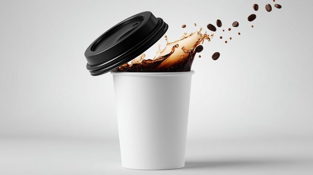 Takeaway Coffee Cup with Dynamic Coffee Splash and Floating Coffee Beans