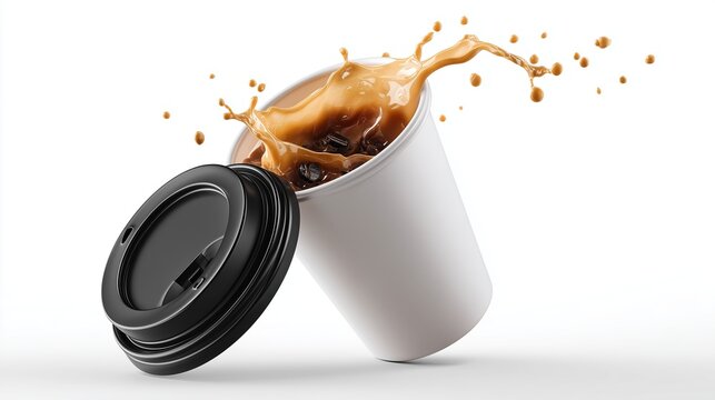 Takeaway Coffee Cup with Dynamic Coffee Splash and Floating Coffee Beans