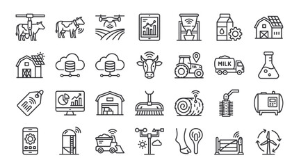 Fototapeta premium Smart farming agriculture and livestock line icons.