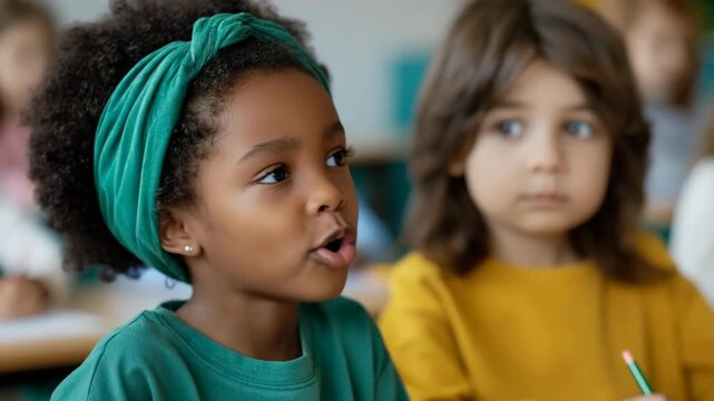 Young girl with headband smiling in classroom with peer