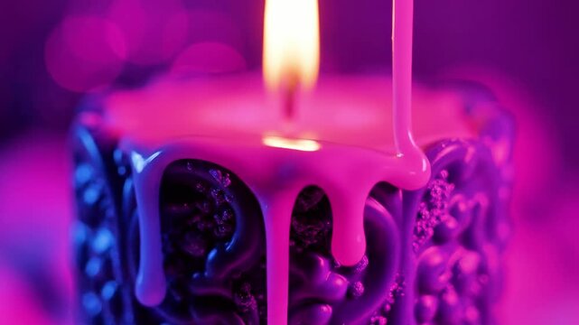 Ornate purple candle burning with melting wax and bokeh light