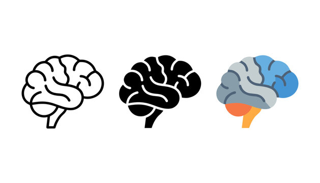 Set of human brain icons in line, solid, and flat color styles