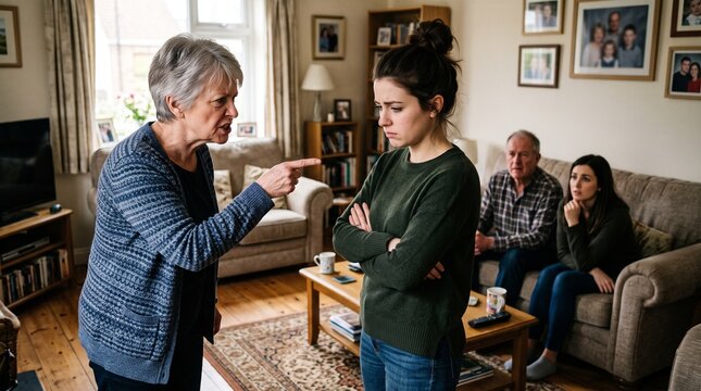 Angry older woman pointing finger and scolding upset young woman at home