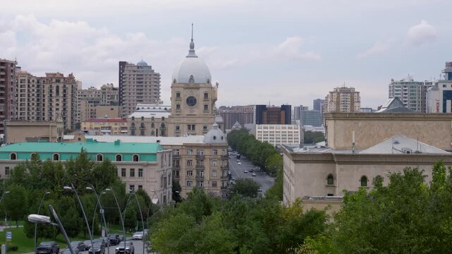 Urban cityscape view captured in Baku, Azerbaijan, showcasing the city's modern skyline, contemporary architecture, and vibrant metropolitan atmosphere in the heart of the country's capital.