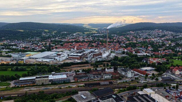 Alfeld, Lower Saxony, Germany - June 30, 2026: Aerial View of Sappi Paper Mill and Alfeld, Lower Saxony
