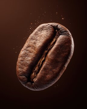 Floating Roasted Coffee Bean on Dark Brown Background, Premium Coffee Macro, Minimal Food Photography