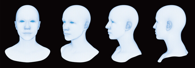 Set of 3D wireframe human head models from multiple angles. Glowing polygonal mesh face isolated on black background. Futuristic concept for artificial intelligence, AI, VR, and cybernetics © fishyo