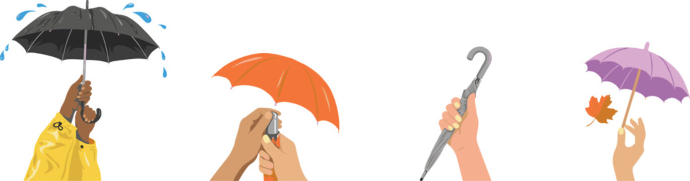 Vector set of human hands holding umbrellas opening orange parasol carrying closed umbrella and catching autumn maple leaf