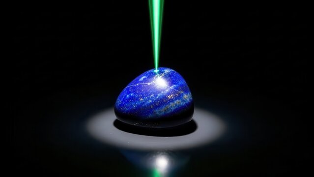 Laser beam focused on a polished blue lapis lazuli gemstone