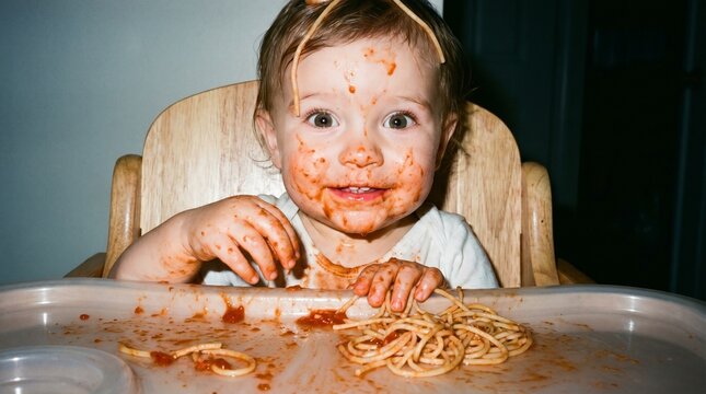 Happy messy toddler baby eating spaghetti pasta with tomato sauce
