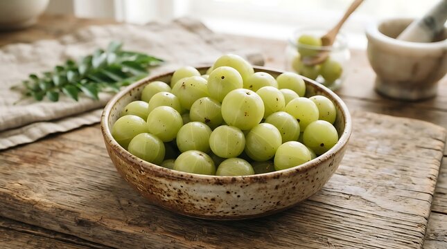 Fresh Indian gooseberry in a bowl. Organic Amla fruit for healthy ayurvedic medicine.