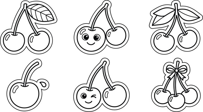 Cute Cartoon Cherry Fruit Sticker Set Line Art Coloring Page for Kids Activity Sheet Vector Illustration