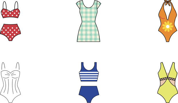 Vintage swimwear and beach fashion icon set featuring polka dot bikini plaid dress monokini striped swimsuit and halter neck one piece vector