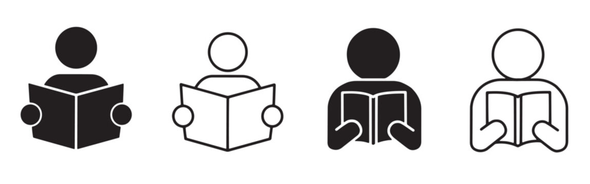 Reading book icon set. Person reading book vector, student or reader symbols in solid and outline styles. Student learning symbol for education, knowledge and library designs. Book open reader icon