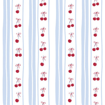 Blue stripes cherries seamless pattern. Blue and white striped pattern with coquette  bow cherry design for summer. Vector illustration for print fabric textile wrapping paper background.