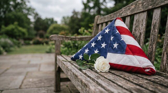 Memorial of Patriotism: A folded American flag and a single white rose rest solemnly on a weathered wooden park bench, a poignant symbol of remembrance and sacrifice.