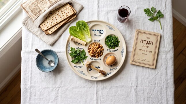Passover Seder Plate: A beautifully arranged Seder plate holds symbolic foods for the Passover Seder, accompanied by matzah, wine, and the Haggadah, ready for the traditional Seder meal.