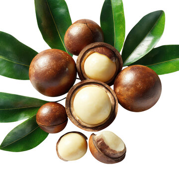 Freshly harvested macadamia nuts isolated on transparent background