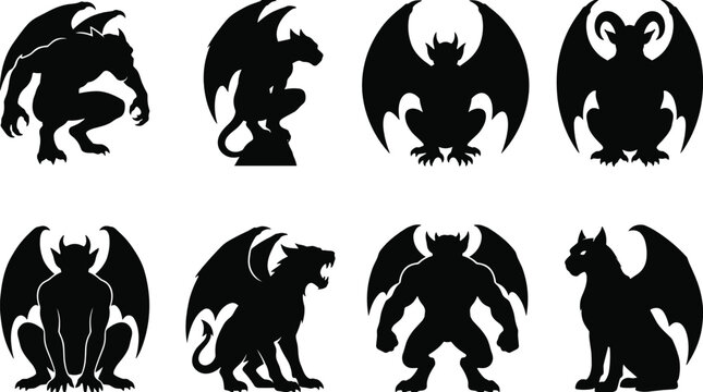 Gargoyle silhouette set with gothic stone monsters and winged mythical creatures isolated on white