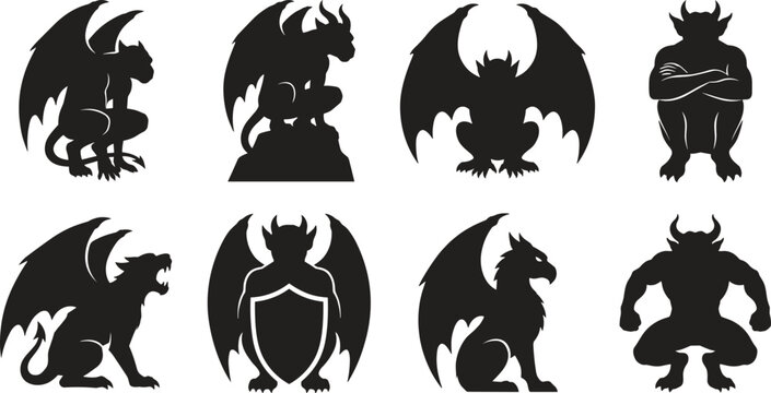 Gargoyle silhouette set with mythical winged stone creatures isolated on white background