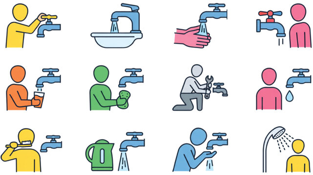 People using water taps for hygiene drinking washing and conservation in daily sanitation icon set vector illustration