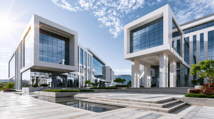 Fototapeta premium Modern office building glass facade white exterior large windows urban architecture sunny day blue sky landscaped plaza
