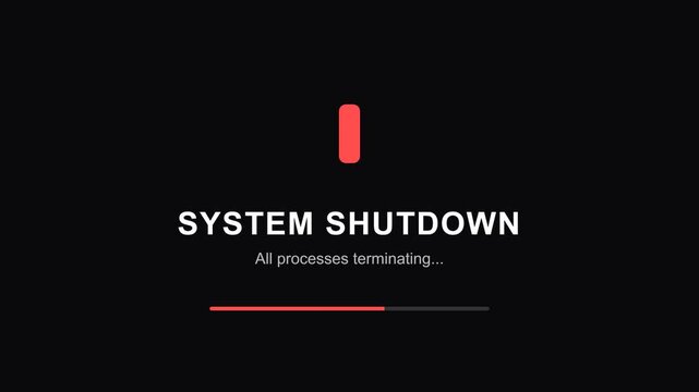 Dynamic system shutdown animation with progress bar and text, symbolizing termination, closure, and completion of processes, representing end of operations or system reset