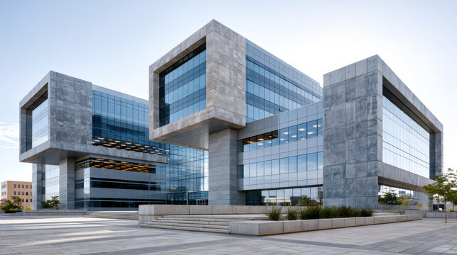 Modern office building, large glass windows, concrete facade, urban architecture, contemporary style, blue sky, spacious plaza