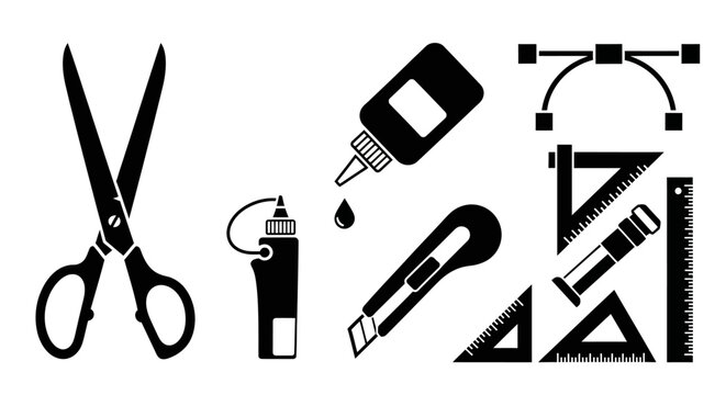 Graphic design tools icons set with black white background collection graphic stationery scissors triangle cutter pencil office supply with ruler