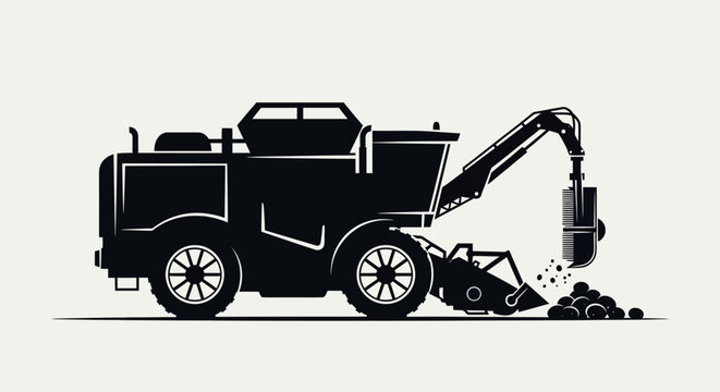 Black silhouette of a truck with a drilling machine with machine back digging digging ground construction engineering excavation technology with equipment
