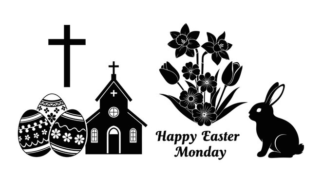 Easter monday celebration with church cross eggs flowers with black white easter cross decorated monday graphic christianity decoration festivity