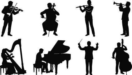 Symphony orchestra musicians silhouette set with conductor and classical instruments isolated on white © Rezoara