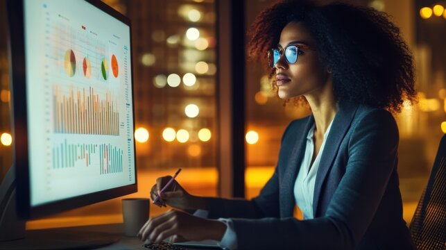 A woman in a sharp blazer sits at a desk at night. She looks at a large monitor displaying data charts. Her face is lit by the screen as she focuses on her work