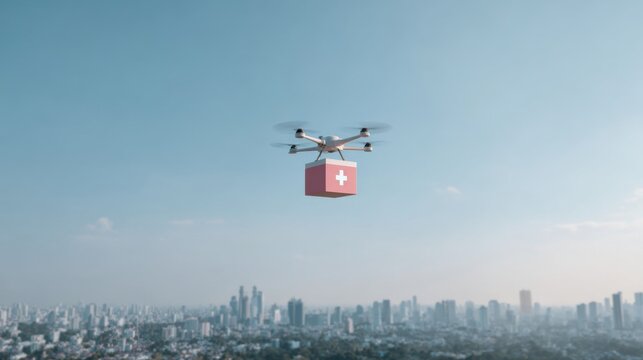 A medical drone flies high above a city carrying a red first aid box. This scene shows modern technology in healthcare on a clear and sunny day
