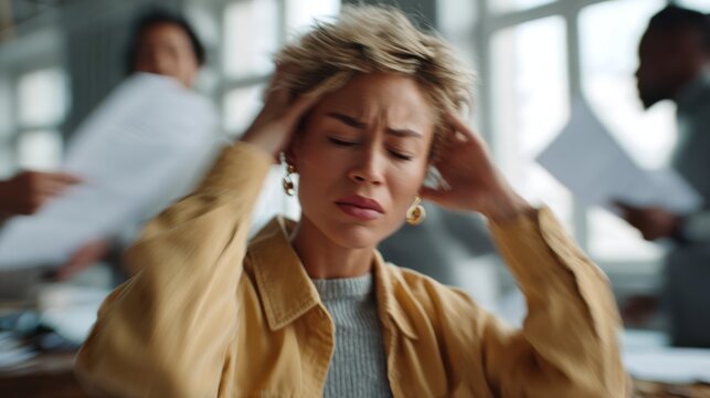 In a bright modern office, a young businesswoman sits at her desk while coworkers argue and gesture. She grabs her head in frustration as papers fly around her