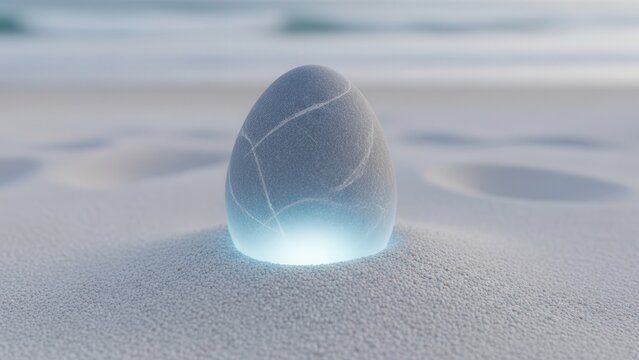 Glowing Grey Egg Stone on Sandy Beach with Ocean Blur