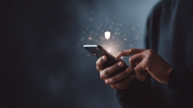 A business professional stands in a dark setting while holding a smartphone. A glowing shield with protection symbols orbits around the device. Light creates a dramatic atmosphere