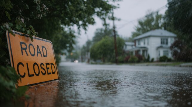 Rain falls steadily on a road closed sign partially submerged in floodwater. Residential houses are blurred in the background, showing the impact of heavy rain and flooding