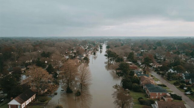 A wide shot shows a residential district affected by heavy rainfall. Streets are flooded, and cars are partially underwater. The sky appears cloudy, indicating ongoing weather issues