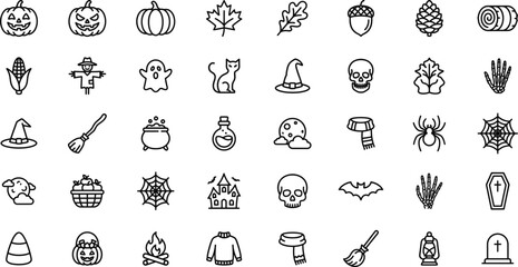 Halloween and autumn line icons set spooky symbols for festive designs and seasonal graphics © Champa