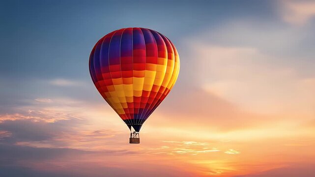 Colorful hot air balloon ascending in sunrise sky with clouds