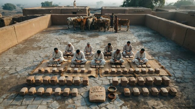 Farmers Seated on the Ground with Cows and Clay Pots in an Open Farm Setting